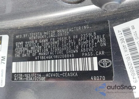 2008 Toyota Camry Se from USA, damaged, VIN 4T1BE46K18U208849